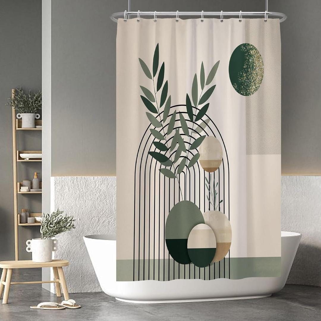 Baocicoo Mid Century Bohemia Green Moon Leaves Shower Curtain - Geometric Aesthetic Bathroom Decor - Polyester Durable Shower Curtain with Hooks - 48x72 Inches (Cream-coloured)