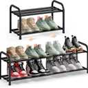 SONGMICS Expandable Shoe Rack, Adjustable Shoe Organizer Storage Shelf, Sturdy and Heavy-Duty, for Closet, Entryway, Living Room, 2-Tier, Ink Black ULMR026BD01