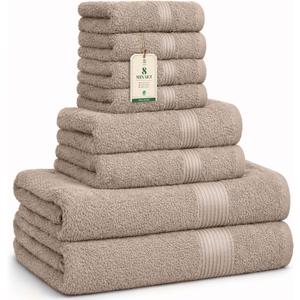 Luxe Set Washcloths (12 x 12 in), Hand Towels (16 x 28 in) & Bath Towels (27 x 54 in) 100% Cotton, Soft, Absorbent, Easy Care, Versatile, (Sand/Beige)