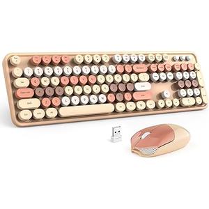MOFII Wireless Keyboard and Mouse Combo, Milk Tea Colorful Round Key Typewriter Keyboards, 2.4G Full Size Keyboard and Cute Wireless Mice, USB Receiver Plug and Play, for Laptop, PC, Windows