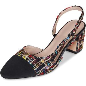 LinnOaks Slingback Heels for Women Round Closed Toe Pumps Two Tone Chunky Mid Heel Wedding Party Dress Shoes Ladies Fashion Patchwork Mary Jane Heels Multicolor Classic Comfy Tweed Heels Office Shoes (6, Multired)