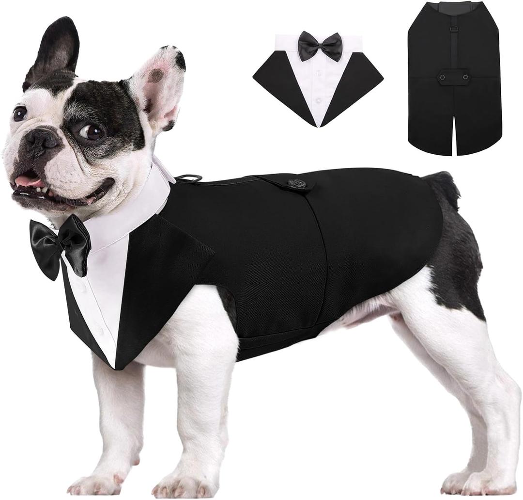 AOFITEE Dog Tuxedo Formal Dog Suit and Bandana Set, Gentle Dogs Wedding Party Suit Bow Tie Shirt, Tuxedo for Small Dogs Costume Outfit with Detachable Bowtie Collar for Christmas Halloween Dress Up (Black)