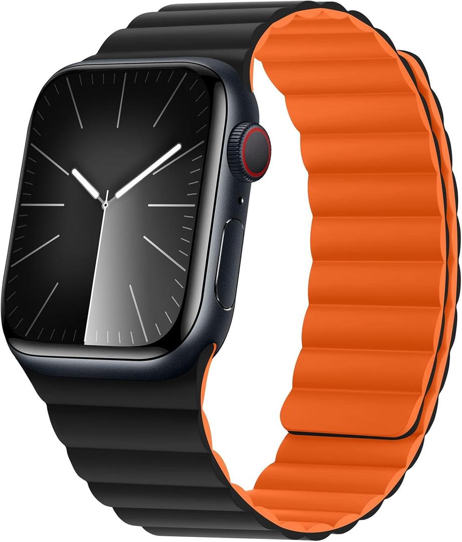 HITZEE Compatible with Apple Watch Band 49/46/45/44/42/41/40/38mm, Soft Silicone Magnetic Bands Strap Compatible for iWatch Ultra 2 Series 10 9 8 7 SE 6 5 4 3 (38/40/41/42mm, Black/Orange)