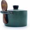 8 oz Ceramic Salt Cellar with Lid & Wooden Spoon,Countertop Salt Container,Sugar Bowl,Spices Jar| Artisan Kitchen Decor(Deep Blue)