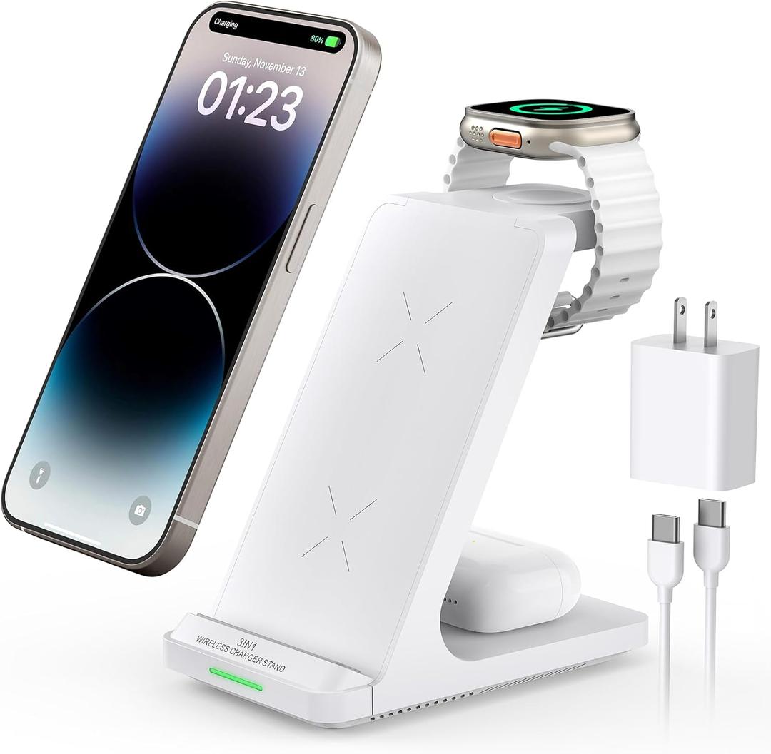 Wireless Charging Station, 3 in 1 Fast Wireless Charger Stand for Multiple Devices Apple Watch Ultra Series 11 10 9 8 7 6 SE 5 4 3 2, iPhone 17 16 15 14 13 12 11 Pro Max/Plus/Air/X/XS/XR/SE, Airpods (White)