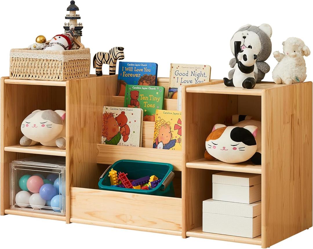 F3C | Montessori Bookshelf and Toy Storage | 3-Section Kids Bookshelf for Organizing Books | 2-Shelf Toy Organizers and Storage Cabinet | Natural Wood Bookcase with Storage | Kids Organizer