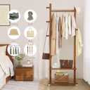 Taitiy Coat Rack Freestanding Clothing Rack with Wheels & 2 Shelves Storage & 5 Hooks Heavy Duty Clothes Rack Wood Coat Tree Stand Hat Hanger Rack for Corner Bedroom Entryway Living Room Hotel, L: 23.6" x W: 11.8" x H: 70.9" (With Wheels)