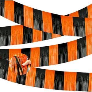 2 x 4 Packs Total 39 Feet Halloween Parade Floats for Trailer Car, Black Orange Foil Fringe Garland Tinsel Streamers Banner Table Skirts for Halloween Dia De Los Muertos Homecoming Birthday Party