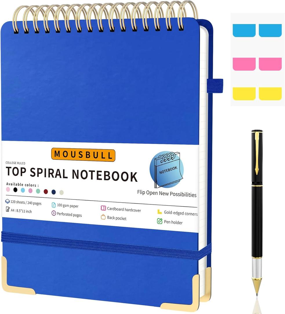 Mousbull Top Spiral Notebook, A4 Hardcover Top Bound Steno Pads, 240 Pages 100gsm College Ruled Left Handed Notebook Journal for Work, School, Meeting Writing - Navy Blue, 8.5" x 11"