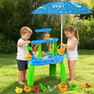 3-Tier Toddler Kids Water Sand Table with Umbrella - Summer Outdoor Toys with Stable Design, Multifunctional Sensory Learning Pool Beach Backyard Activity Playset Gifts for Boys Girls(Navy)