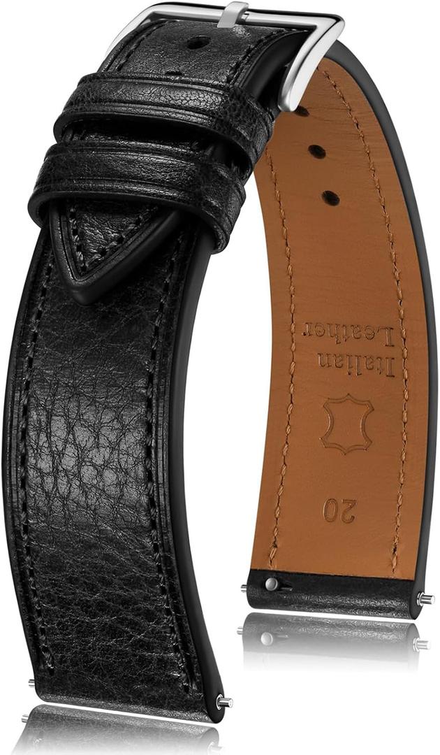 Getalia Italian leather Watch Band Tuscany Natural Vegetable-Tanned Full Grain Genuine Leather,18mm 19mm 20mm 21mm 22mm Quick Release Replacement Watch Straps for Men and Women Thin and Soft (Black / Silver Buckle)