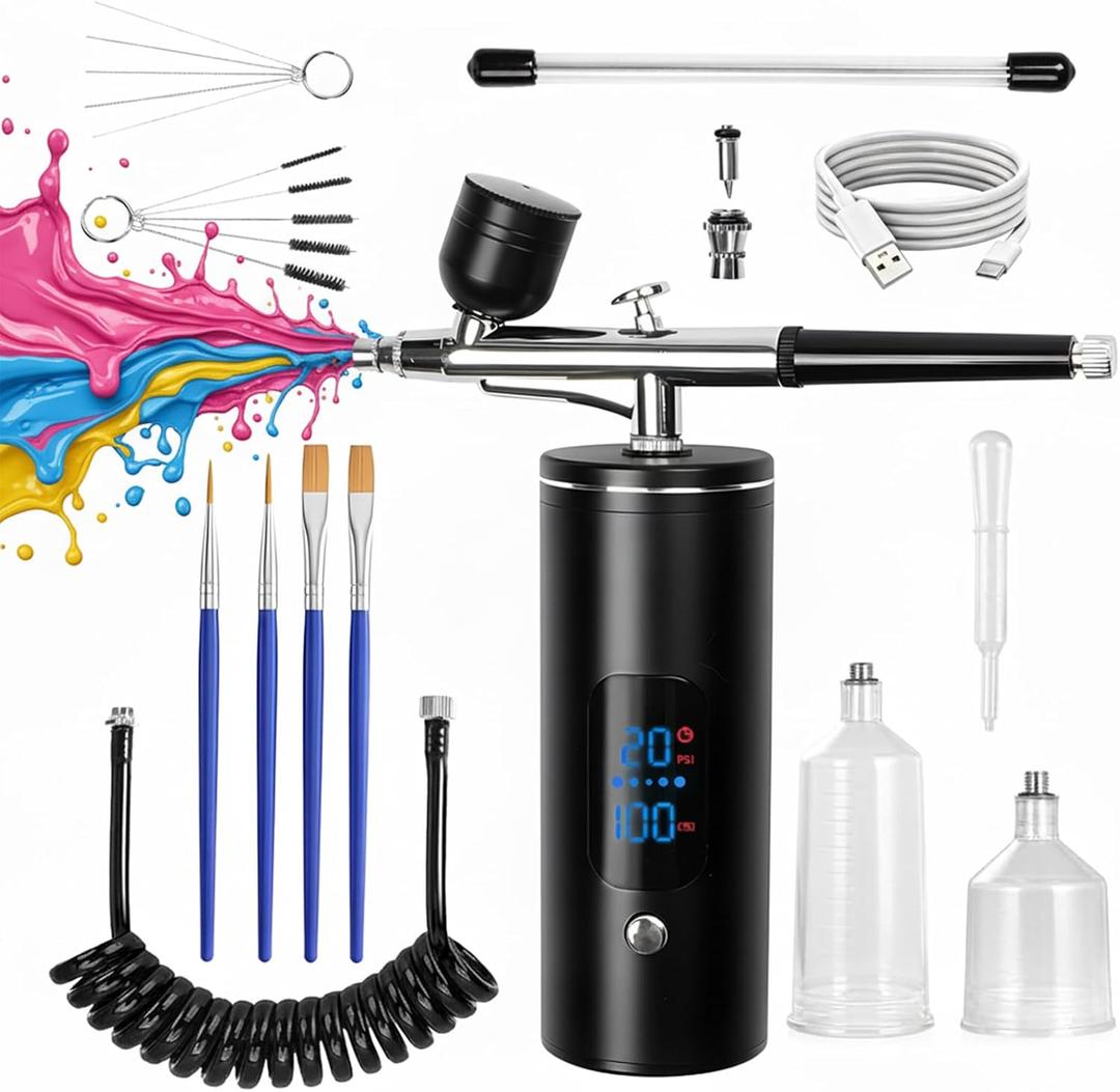 Airbrush Kit with Air Compressor, 48 PSI High-Pressure Cordless Airbrush, 6000mAh Rechargeable, 3-Speed, Dual-Action, 0.2/0.3/0.5 mm Nozzles & 3 Cups, Non-Clogging for Painting, Models, Cake & Makeup