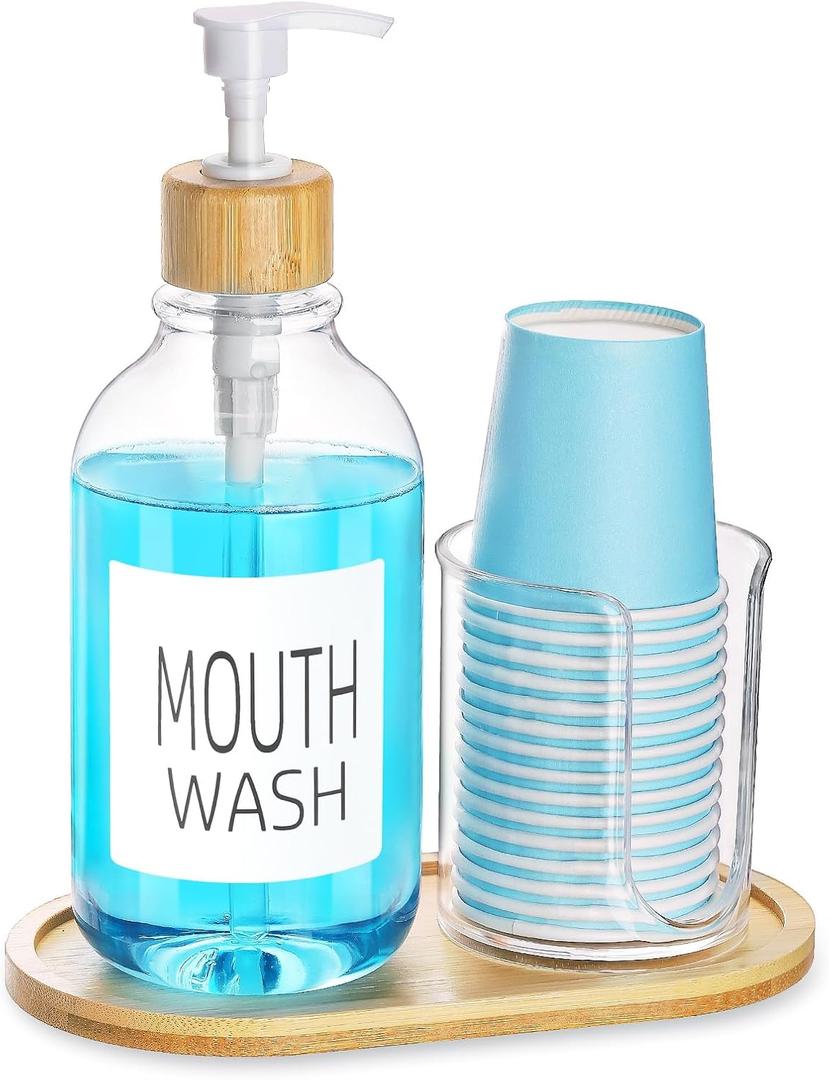 Mouthwash Dispenser with Cup Holder, Plastic Mouth Wash Pump Bottle with Tray for Bathroom Organizers, 17oz Refillable Clear Mouthwash Container - Bamboo