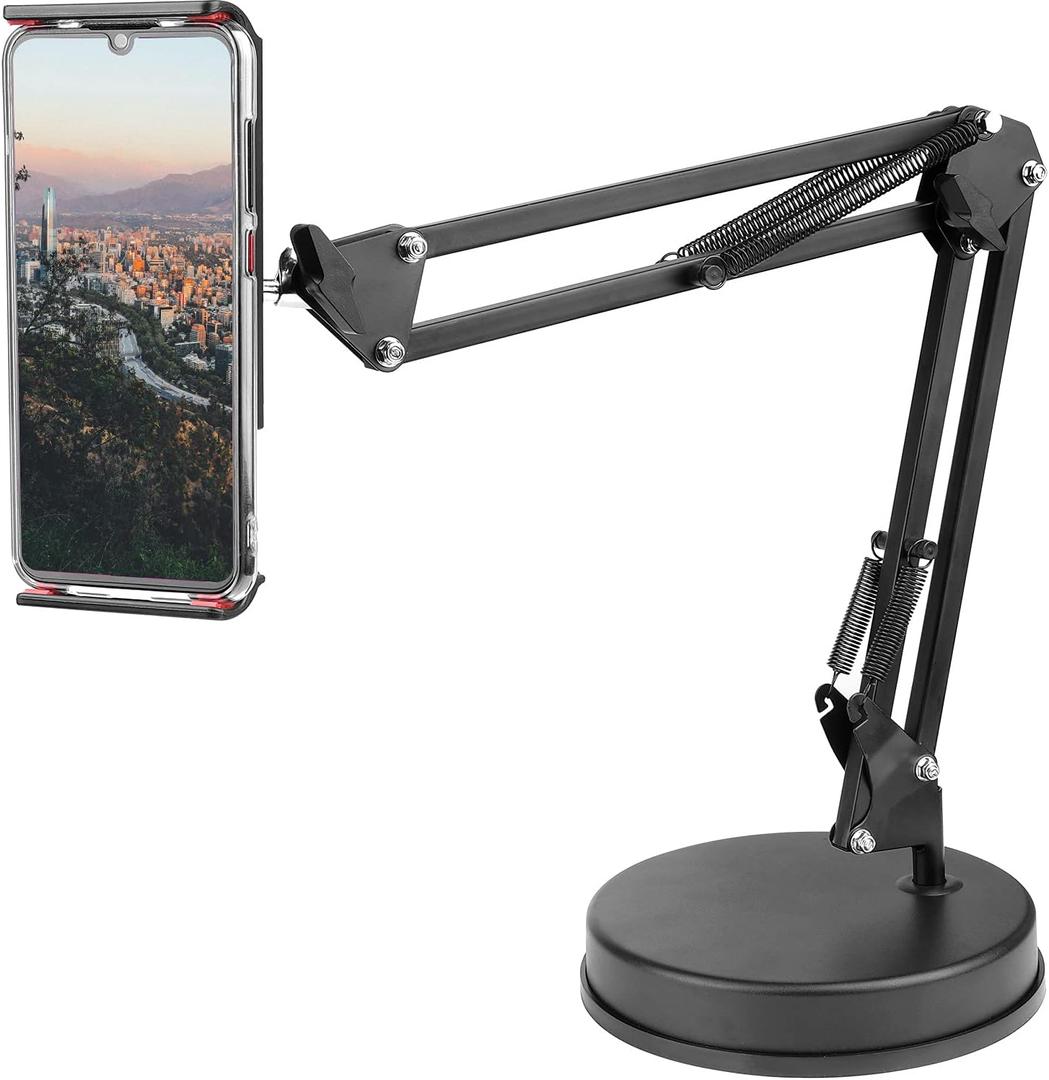 Overhead Phone Mount Stand ChromLives Phone Video Stand Articulating Arm Phone Mount Table Top with Base Adjustable 360 Cell Phone Tablet Holder Mount Desktop Compatible with Phones, Tablets, iPad
