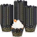 Zhehao 60 Pcs Gold Polka Dots Cupcake Wrappers Adjustable Graduation Cupcake Liners Paper Baking Cups Disposable Muffin Liners Holders for Birthday Baby Shower Wedding Party Supplies(Black)