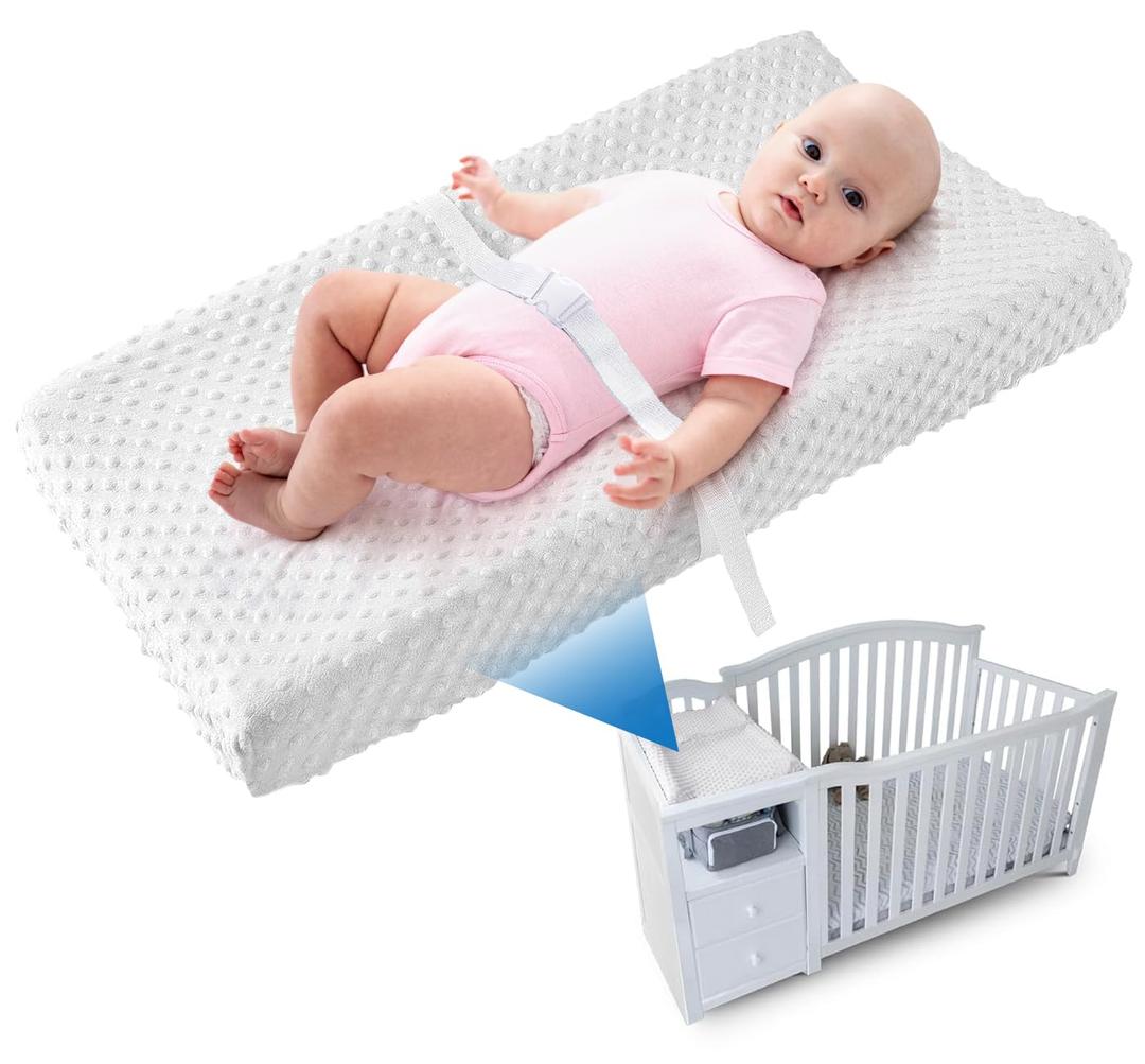 LOONAH Compact Small Changing Pad with Cover - 27" X 16" Contoured Baby Diaper Changing Pad for Combo Crib with Changing Table-Waterproof & Hypoallergenic, Safety Strap with Quick-Release Buckle-White
