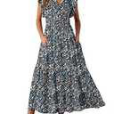 BLENCOT Womens Maxi Summer Casual Dresses Cap Short Sleeve V Neck Beach Flowy Fashion Boho Floral Printed Tie Dresses with Pockets P220 M