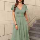 Women's Spring Casual Ruffle Short Sleeve Wrap V-Neck A-Line Loose Fit Swing Party Work Midi Dress with Pockets (Green, XXXL)