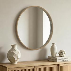 Round Wood Mirror 28 inch Circle Mirror, Rustic Farmhouse Wooden Framed Natural Decorative Wall Decor, Vanity Wall Mirror for Bathroom, Bedroom, Entryway, Living Room (Honey)