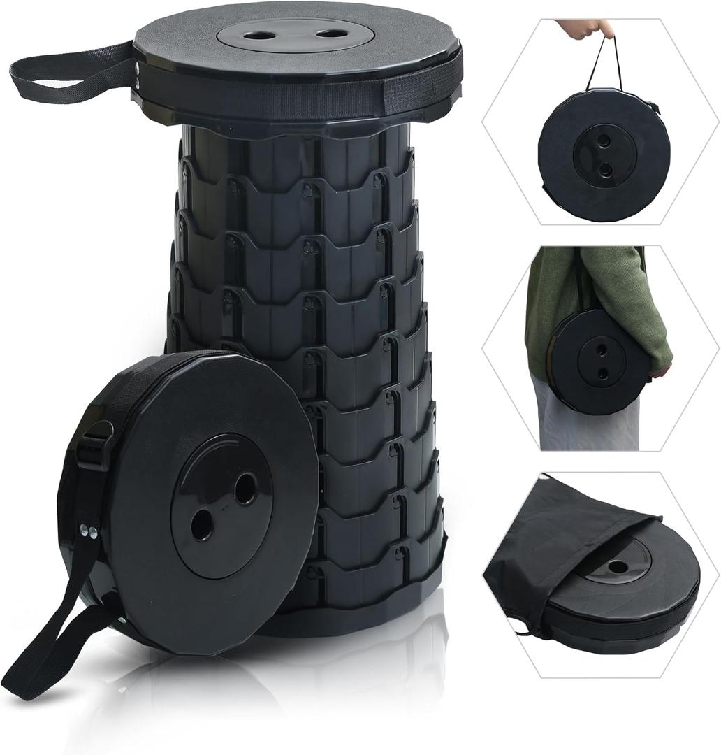 Collapsible Stool, Adjustable Height, Foldable Stool 396lbs Max Weight, Lightweight But Sturdy, Folding Stool for Fishing, Hiking Tours, BBQ, Parties, Outdoor Activities, Black, 1PCS