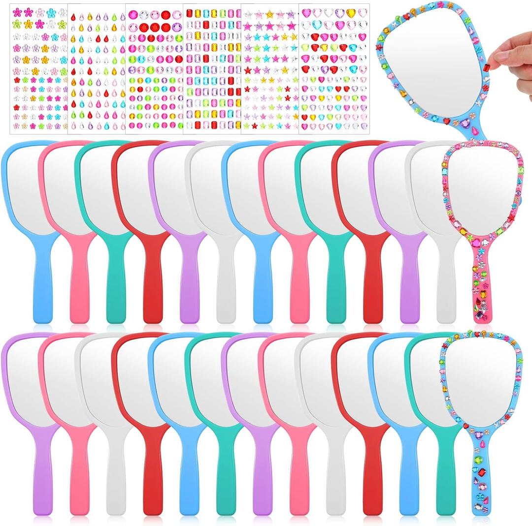 24 Pcs Handheld Mirror DIY Bulk, Decorate Your Own Princess Mirror, Small Hand Compact Mirrors with Handle, Small Crafts Princess Mirrors for Mermaid Birthday Party Favors