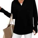 PRETTYGARDEN Womens Long Sleeve Quarter Zip Pullover Sweater Casual Loose V Neck Collared Ribbed Knit Jumper Tops Thumb Hole (Medium, Black)