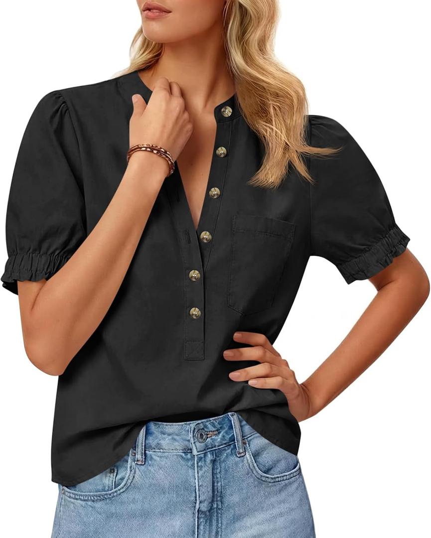 Cicy Bell Womens Puff Sleeve Tops Button Down Shirts Summer Casual Collared V Neck Cotton Blouse (Black, M)