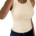 Womens Tank Tops High Neck Sleeveless Ribbed Tank Casual Basic Thick Strap Slim Fitted Racerback Shirts (Large, Solid- Beige)