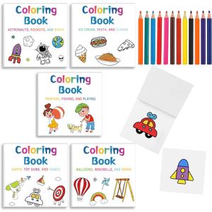 5 Pcs Mini Coloring Books with 12 Mini Pencils Variety Pack Pocket Size Small Coloring Books Gifts for Adults Coworkers Travel(Simple)