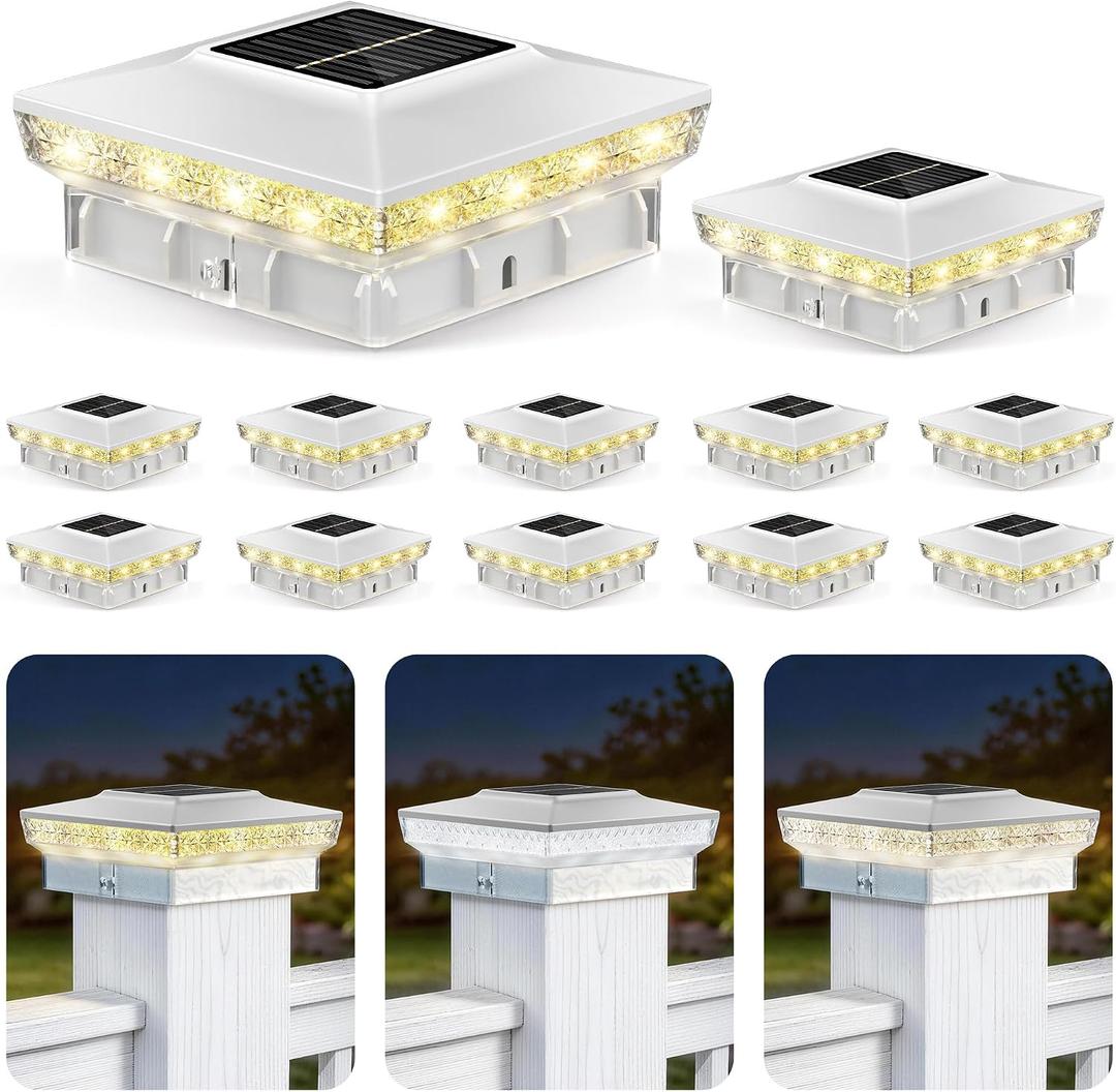 Solar Post Cap Lights 12 Packs for 4x4 Wooden/Vinyl Posts, IP65 Waterproof Fence Post Solar Lights with Warm/Cool/Neutral Lighting, Outdoor Post Lights for Garden, Patio, Porch- White