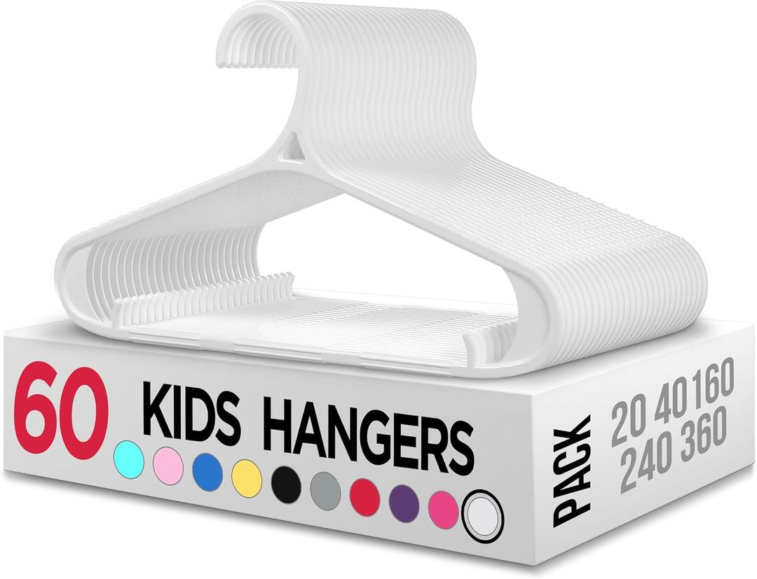 Utopia Home Kids Hangers 60 Pack - 11 Inch Plastic Baby Hangers for Closet - Childrens Hanger for Clothes & Infant Hanger for Closet - Non-Slip Shoulder Grooves, Strap Hooks & Pants Bar (White)
