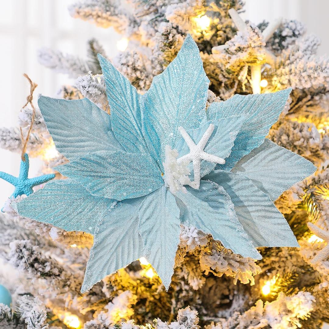 6 Pcs Large Coastal Christmas Ornaments 9.8 Ocean Beach Artificial Poinsettias Christmas Tree Decor Blue Glitter Poinsettia Flower Picks with Starfish Sea Shells for Xmas Tree Decor Wreath Garland
