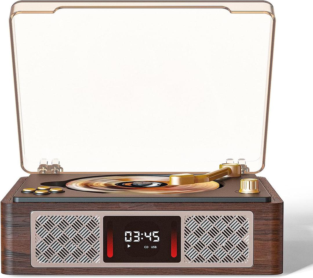 Retro CD Player with 3.5 mm Stereo Amplifier, Desktop CD Player Bluetooth for Home, Built-in Speakers/Headphone Jack/AUX/USB/LCD Screen Display with Remote Controls-Brown