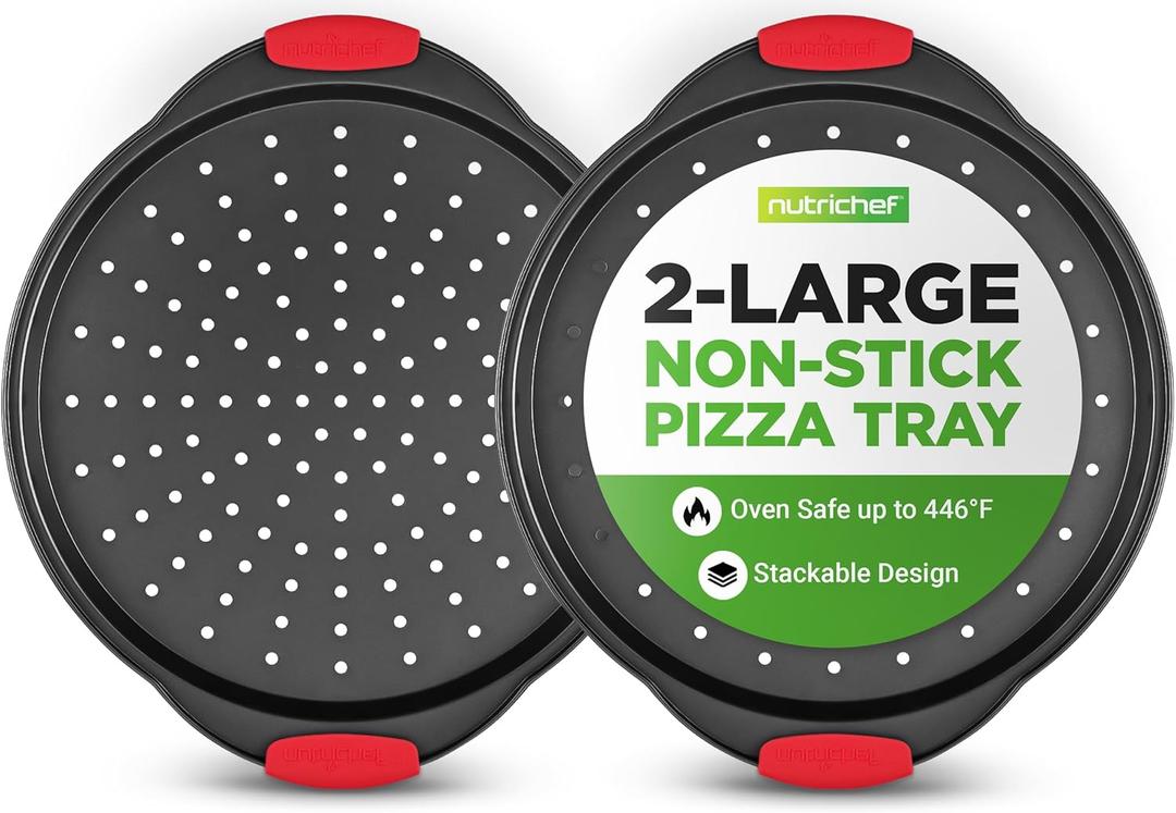 NutriChef 2-Piece 13-Inch Nonstick Pizza Tray, Round Carbon Steel Non-Stick Pizza Pan with Perforated Holes, Premium Bakeware Pizza Screen with Silicone Grip Handles, Dishwasher Safe, NCBPIZX2