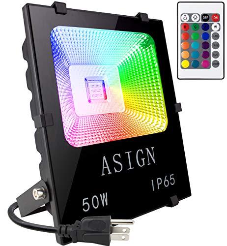ASIGN 50W RGB LED Flood Lights, Indoor Outdoor Decoration Light Waterproof Color Changing LED Security Light with Remote Control, Dimmable Wall Washer Lights with US 3-Plug