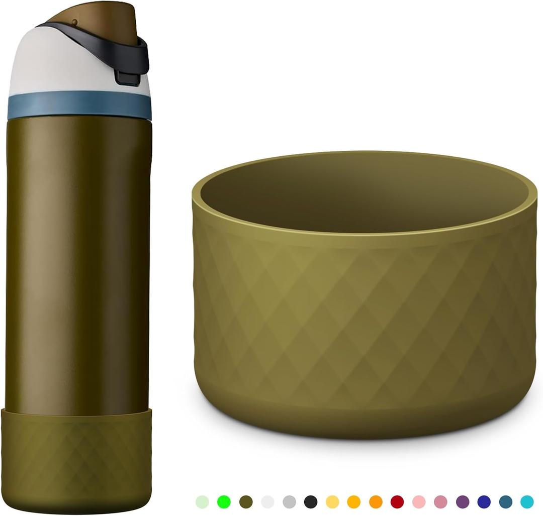 3 x yoelike Grid Silicone Boot for Owala Water Bottle, Anti-Slip Protective Sleeve for FreeSip/Twist/Flip, Bottom Bumper Cover for Watter Bottle Accessories (24 Ounces, Dark Green)