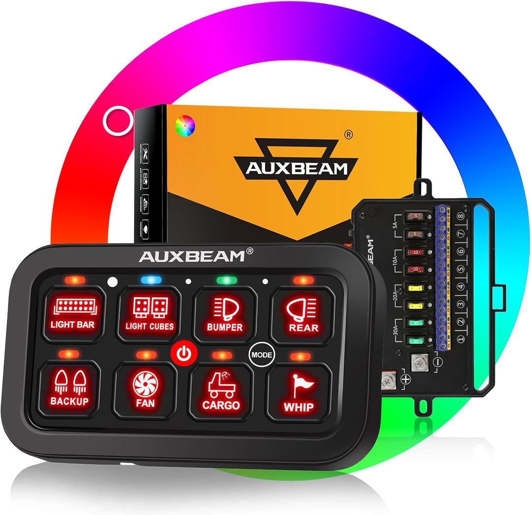 Auxbeam 8 Gang Switch Panel RA80 Auto-Dimmable RGB Switch Panel w/Momentary Toggle Pulsed, 12V-24V Automotive Aluminum Switch Panel for Truck Offroad Car Boat Waterproof (RGB (No APP))