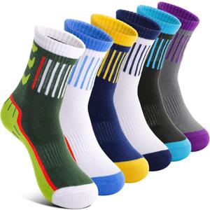 6 Pairs Kids Boys Girls Socks Athletic Basketball Youth Sport Crew Cotton Breathable Soft Socks (5-8 Years, Color Block Stripes)