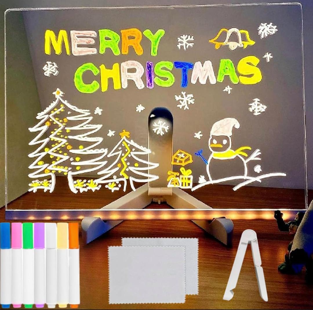 Clear LED Acrylic Dry Erase Board with Light & Stand,7 Color Pens, Light Up Drawing Message Board for Writing Doodle Memo,Desktop Night Light for Home Office School Bar Cafe,Holiday Gift.7.9x7.9in
