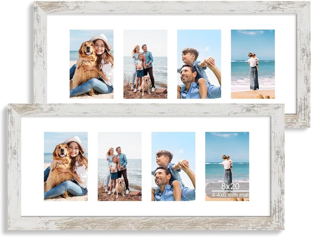Hongkee 8x20 Picture Frame Set of 2, Distressed White Wood Frame with Tempered Glass Collage Frame, Display Pictures Four 4x6 With Mat or 8 x 20 Without Mat - Horizontal or Vertical Wall Mounting