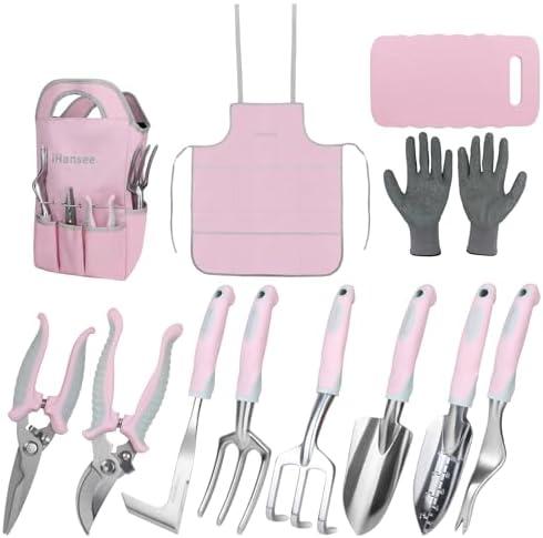 Pink Garden Tool Sets 12 Pieces, iHansee Aluminum Gardening Hand Tools with Non-Slip Handle, Kneeling Pad, Apron, Gloves and Organizer Bag, Landscaping Tools - Gift for Women & Garden Enthusiasts