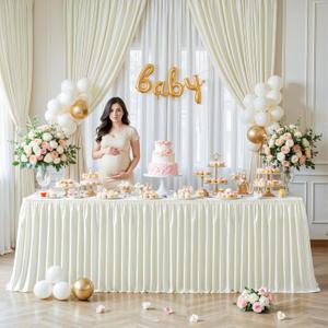 Wish Care 9ft Ivory Satin Table Skirt for Rectangle Tables Wrinkle Free Glitter Desk Skirts Pleated Ruffle Table Cloth for Wedding Birthday Baby Shower Party Banquet Cake Teacher Table Decorations (108 in x 30 in)
