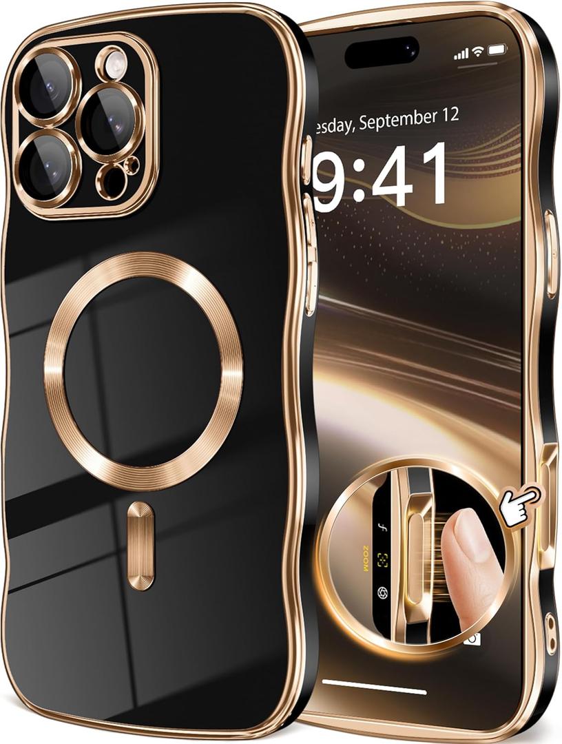 GVIEWIN for iPhone 16 Pro Max Case Compatible with MagSafe, Upgraded [Full Camera Protection][Cute Wave Frame][Military Grade Protection] Electroplated Soft Phone Cover for Women Girl, Black