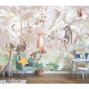 Butterfly Fox Forest Animal Peel and Stick Mural with Pink Background, 86" x 59"