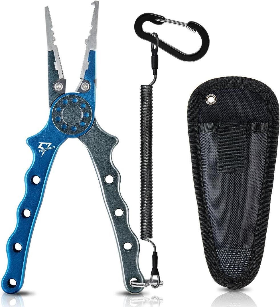 Piscifun Fishing Pliers, Saltwater Fishing Pliers with Split Ring, Fish Hook Remover, Corrosion Resistance Fly Fishing Pliers with Braid Cutters, Sheath and Lanyard, Fishing Gear Gifts for Men (Blue)