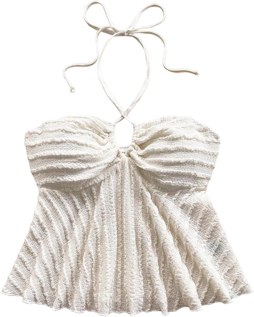 SOLY HUX Women's Halter Cami Crop Top Sleeveless Backless Ruffle Flared Summer Tops (Beige, L)