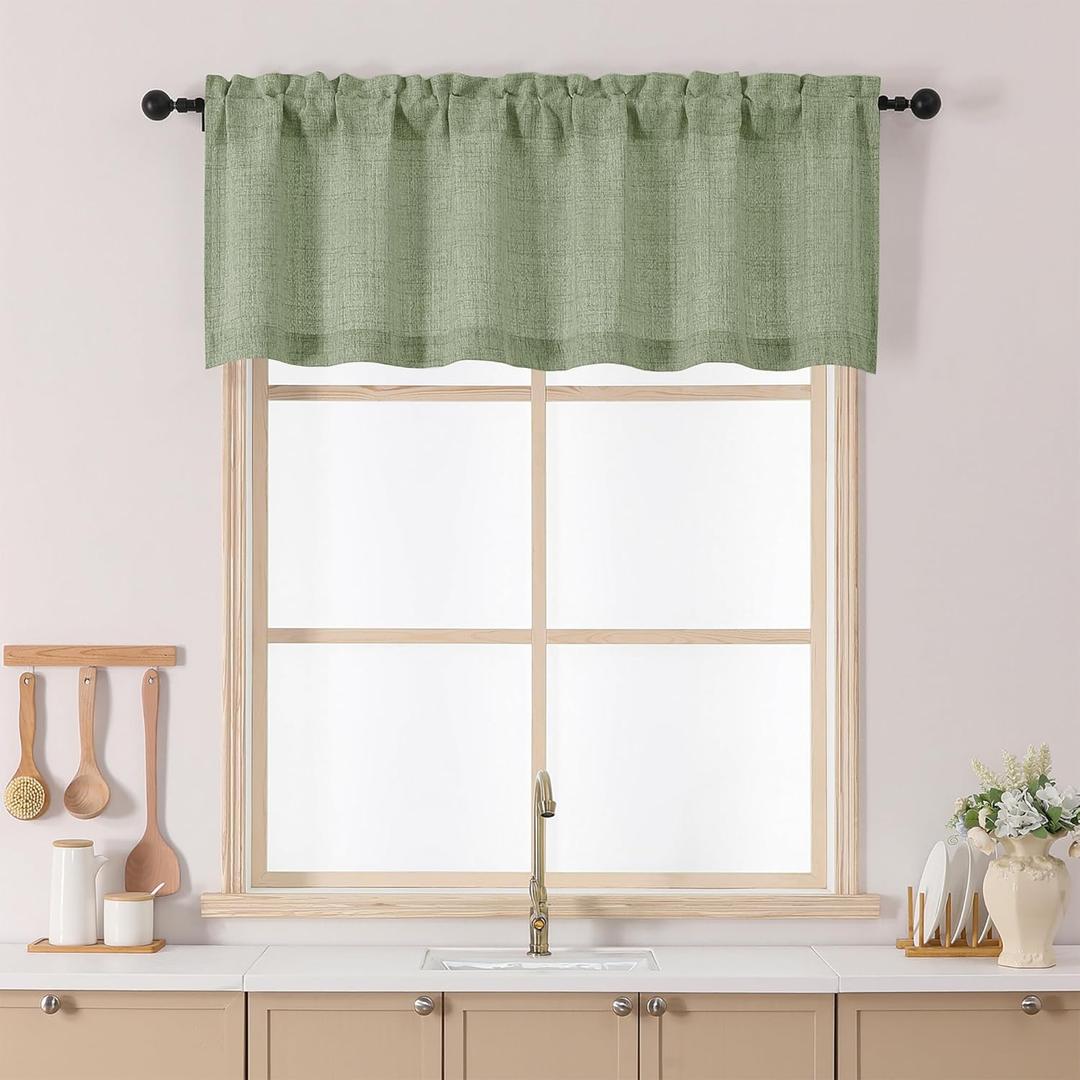 Chyhomenyc Green Valance for Windows, Light Filtering Faux Linen Slub Textured Small Kitchen Valance, Rod Pocket Top Window Short Curtain for Bathroom Basement Farmhouse, 60Wx20L Inch, 1 Panel