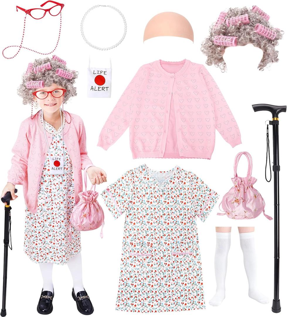 11 Pcs Old Lady Costume for Kids,100 Days of School Costume Girls,Granny Grandma Costumes Kids Accessories (8-10yr, Pink)