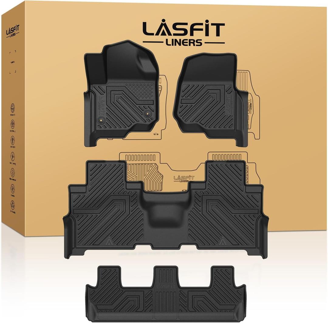 LASFIT Floor Mats for Ford Expedition | Expedition Max 8 Seater 2021 2022 2023 2024(Not Fit 7 Seats), All Weather TPE Protector Custom Fit for SUV Car Liners, 1st& 2nd& 3rd Row, Black 4pcs