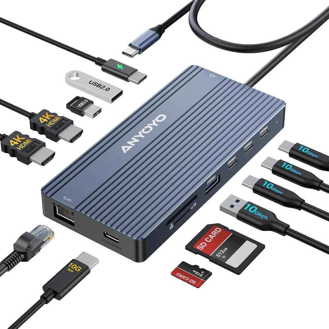ANYOYO USB C Docking Station, 14 in 1 USB Hub for 3 Monitors, Dual 4K@60Hz HDMI & USB-C Video, 4xUSB-C(10Gbps),3X USB-A, Ethernet, SD/TF& 3.5mm Audio  Multiport Adapter for Lenovo/Dell/HP (Gray)
